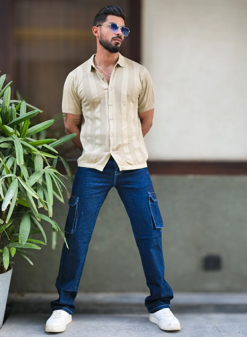Maniac  Maniac Mens Half Sleeve Beige Rib Stitch Flat Knit Cotton Shirt for Men | Best Price UAE